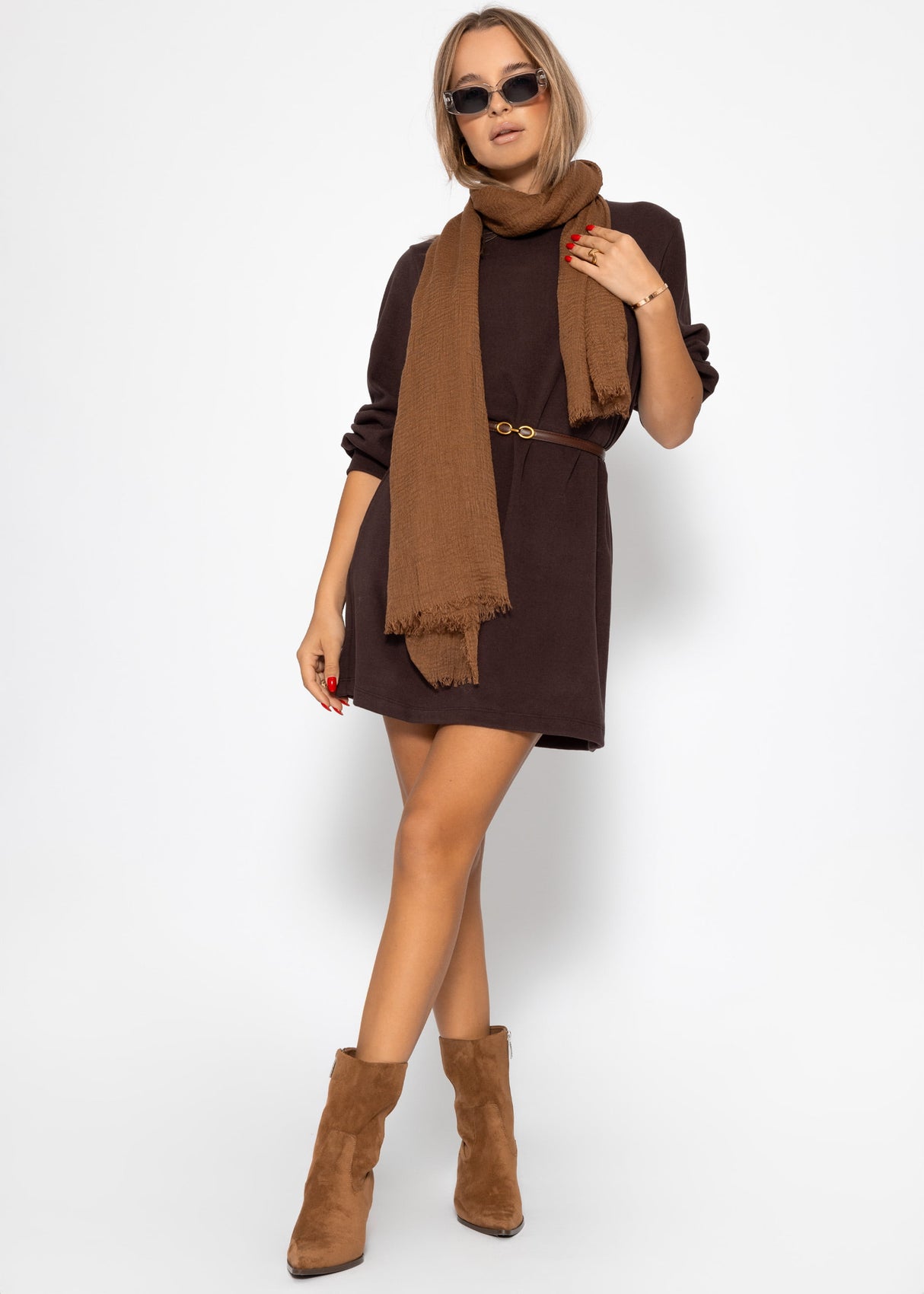 Sweat dress with stand-up collar - brown