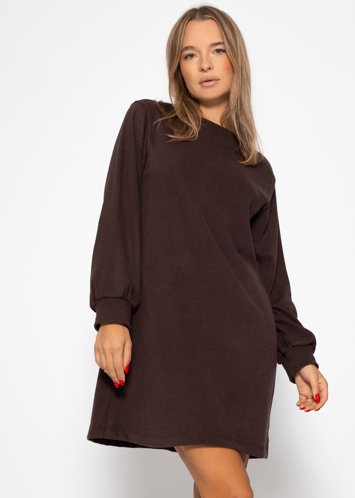 Sweat dress with stand-up collar - brown