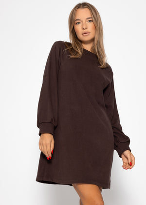 Sweat dress with stand-up collar - brown