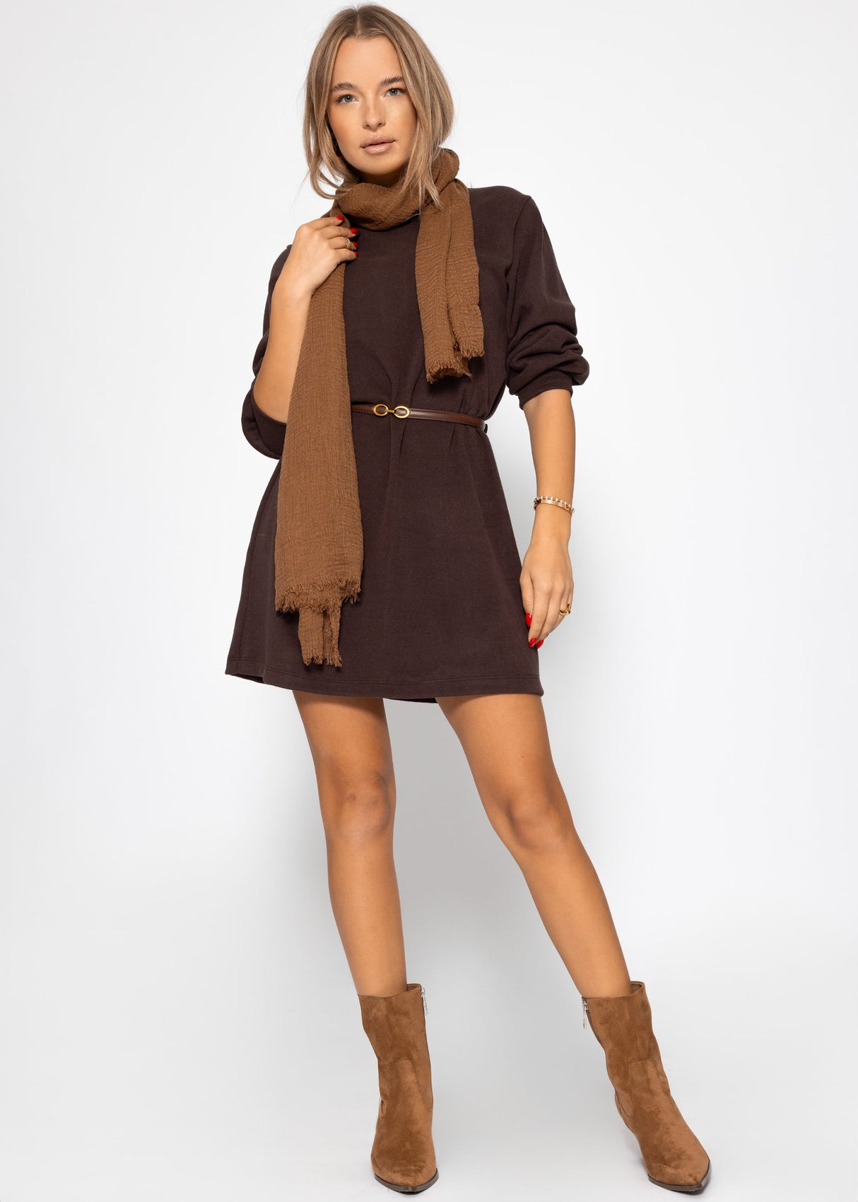 Sweat dress with stand-up collar - brown