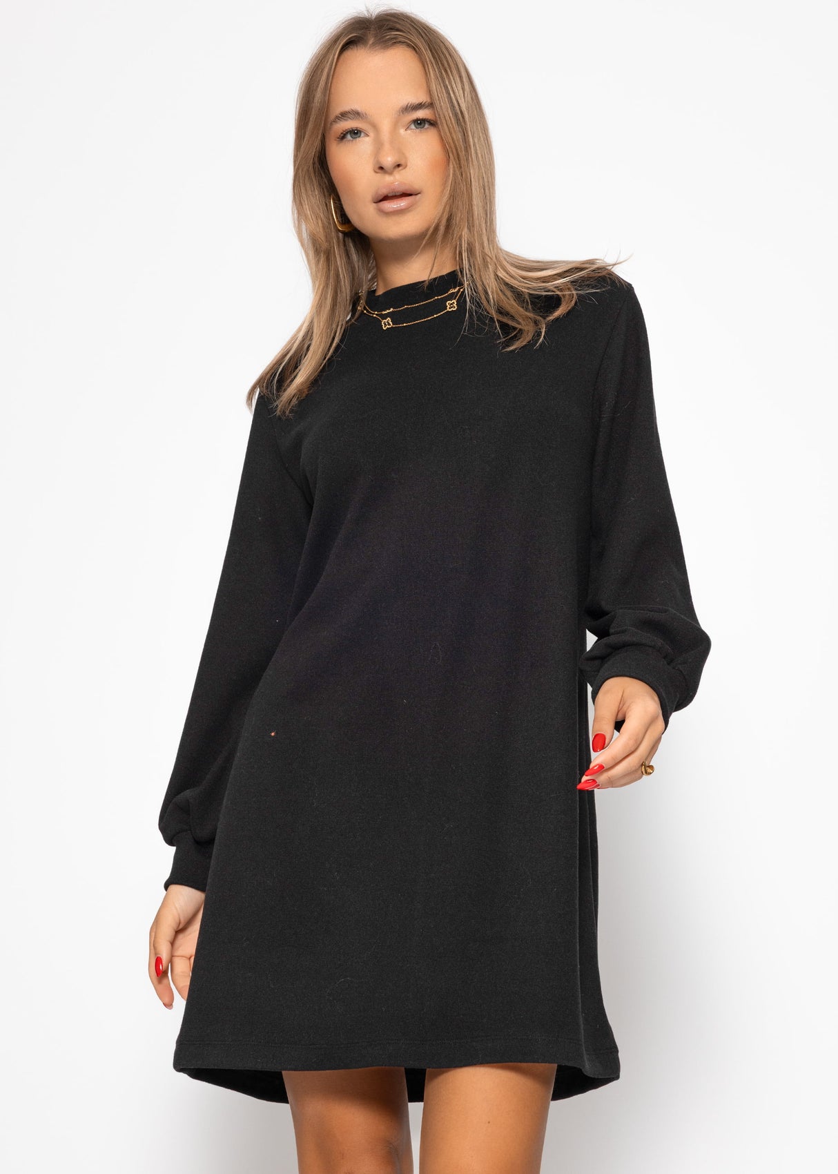 Sweat dress with stand-up collar - black