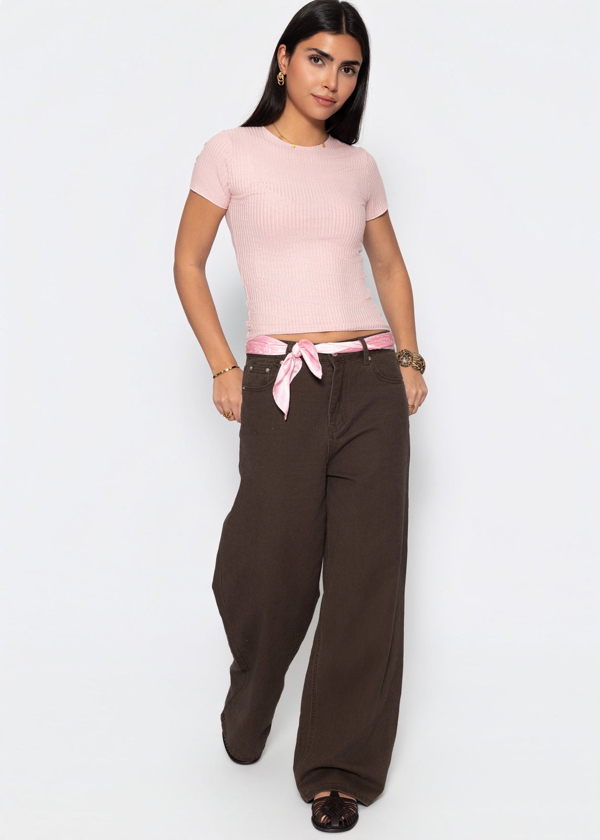 T-Shirt in geripptem Jersey - altrosa