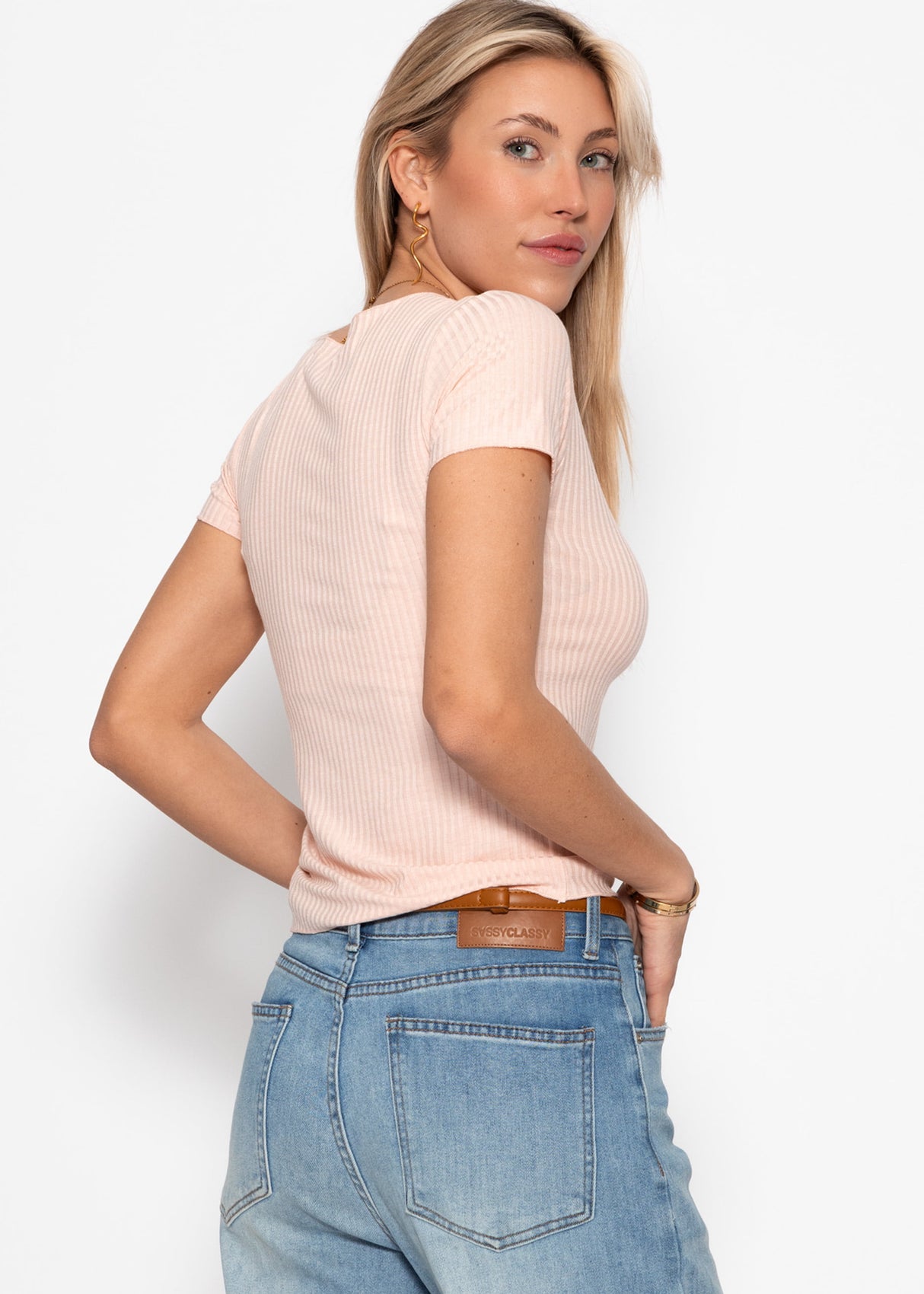 T-Shirt in geripptem Jersey - rosa