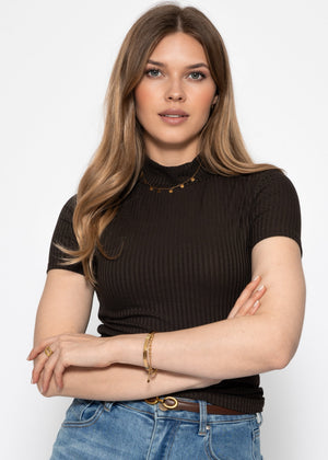 Ribbed T-shirt with stand-up collar - brown