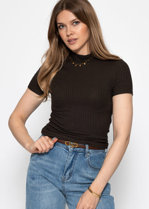 Ribbed T-shirt with stand-up collar - brown