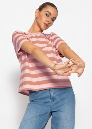 T-Shirt mit Blockstreifen - rosa-braun