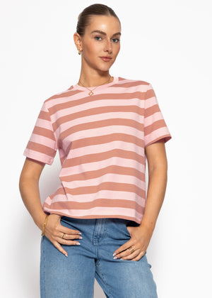 T-Shirt mit Blockstreifen - rosa-braun