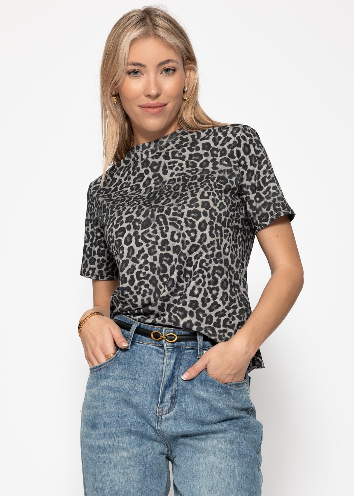 T-Shirt mit Leo-Print - grau