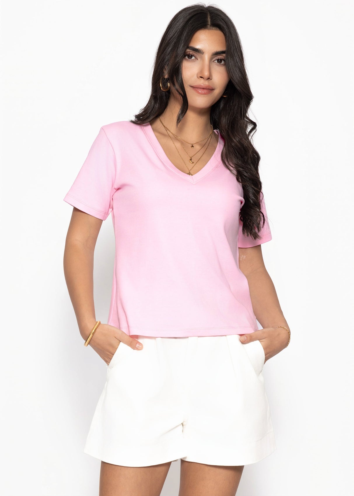 T-Shirt mit V-Ausschnitt - rosa