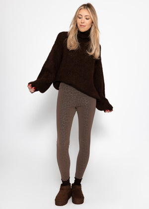 Thermo Kunstleder Leggings mit Leo Print - braun