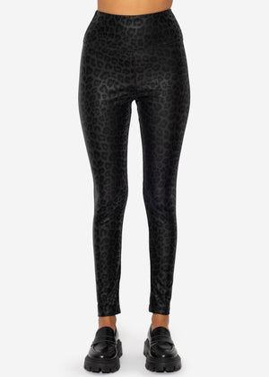 Thermo faux leather leggings with leopard print - black