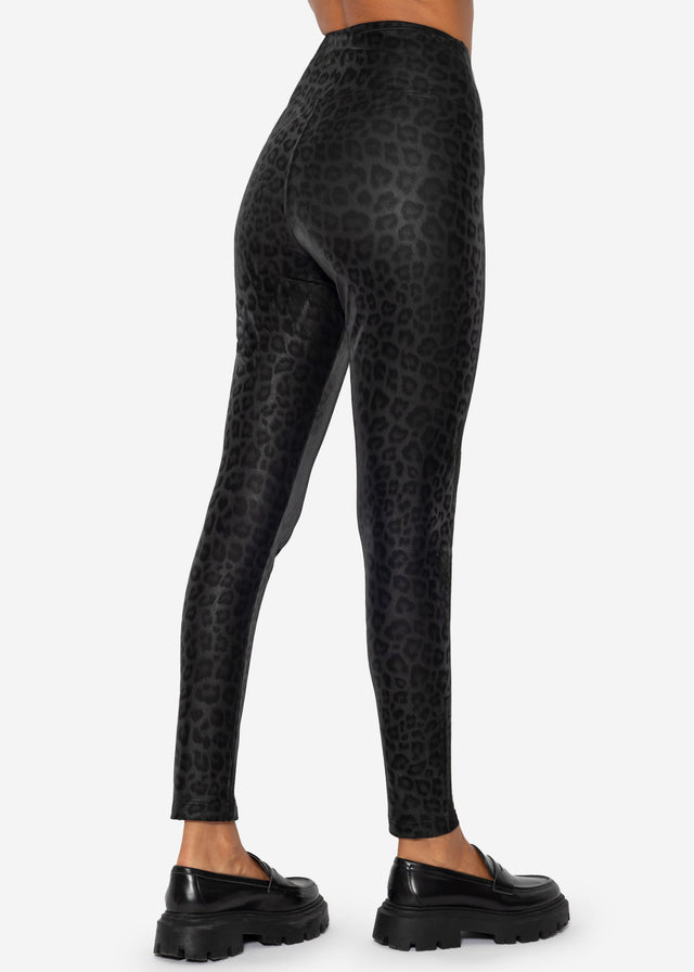 Thermal faux leather leggings with leopard print - black