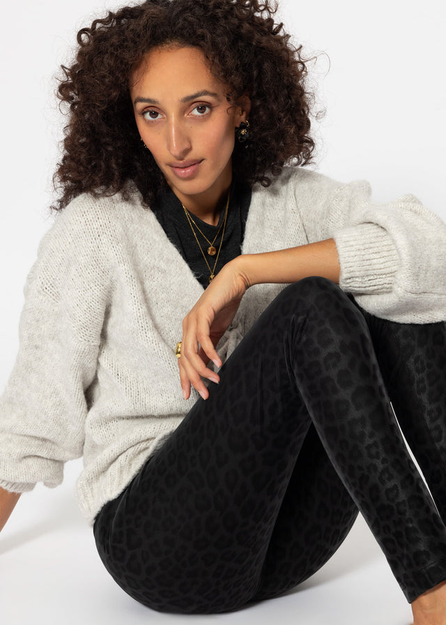 Thermal faux leather leggings with leopard print - black