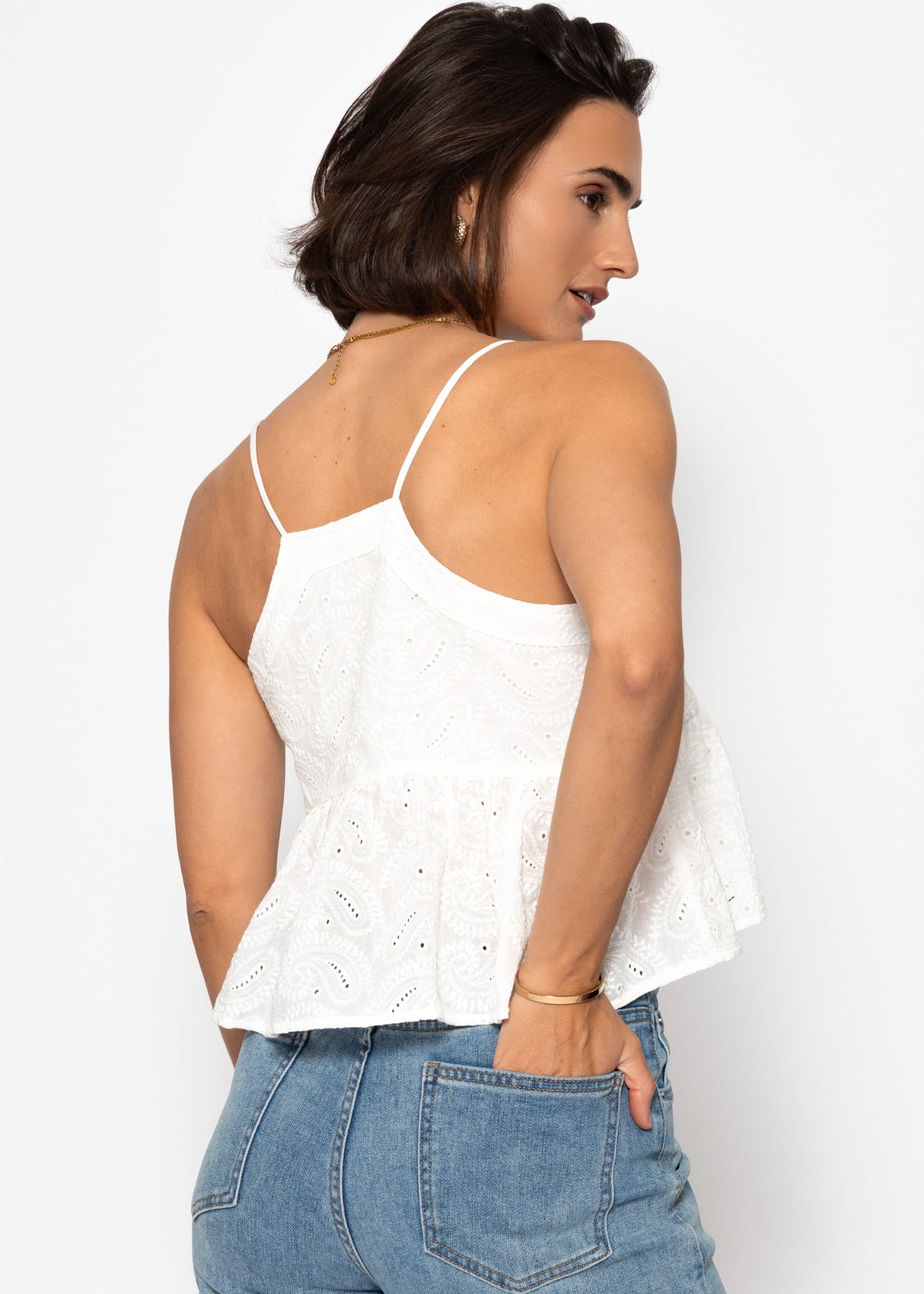 Top with flounce and eyelet embroidery - white