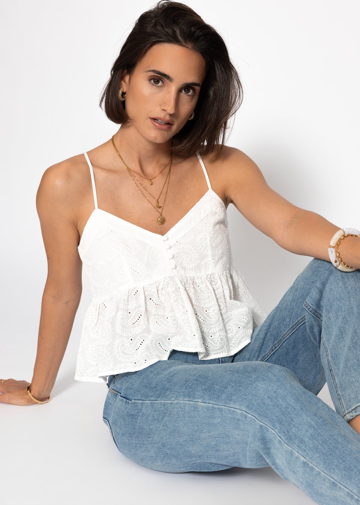 Top with flounce and eyelet embroidery - white