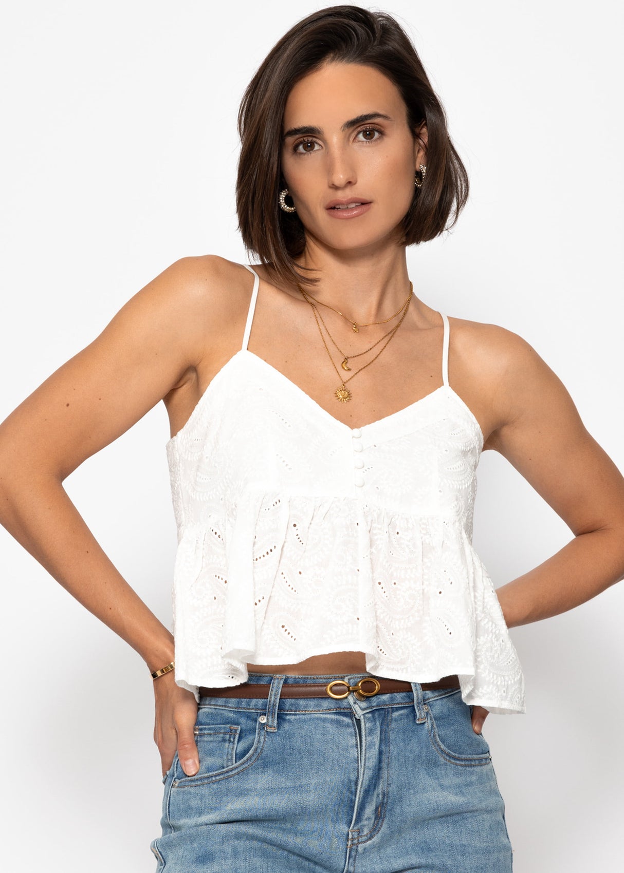 Top with flounce and eyelet embroidery - white