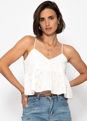 Top with flounce and eyelet embroidery - white