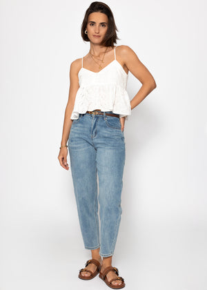 Top with flounce and eyelet embroidery - white