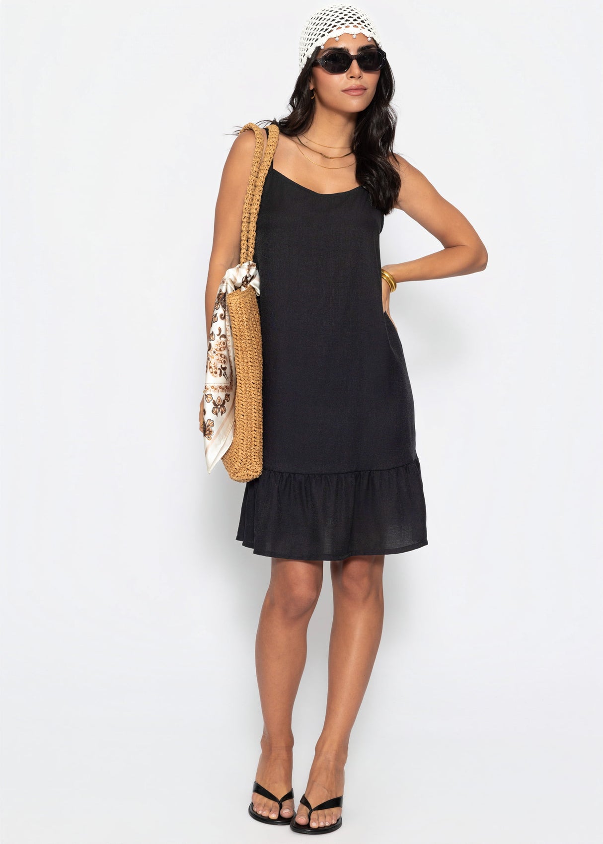 Trägerkleid mit Volant - schwarz