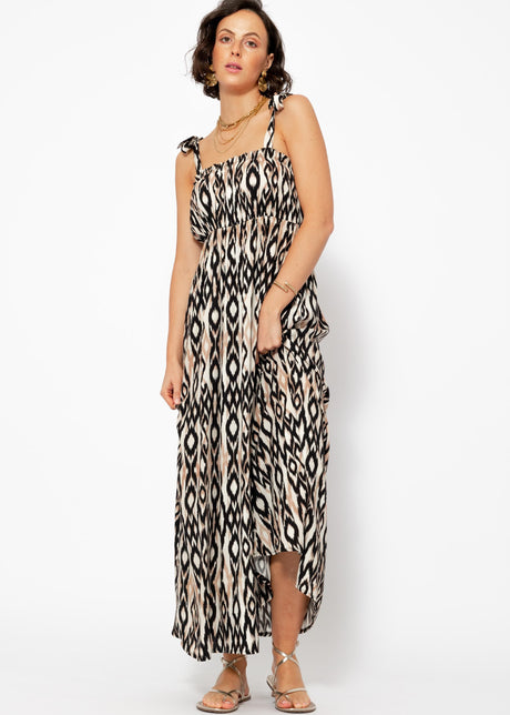 Trägerkleid mit geometrischem Print - beige von SASSYCLASSY