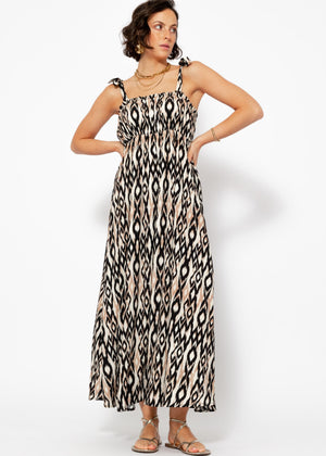Trägerkleid mit geometrischem Print - beige