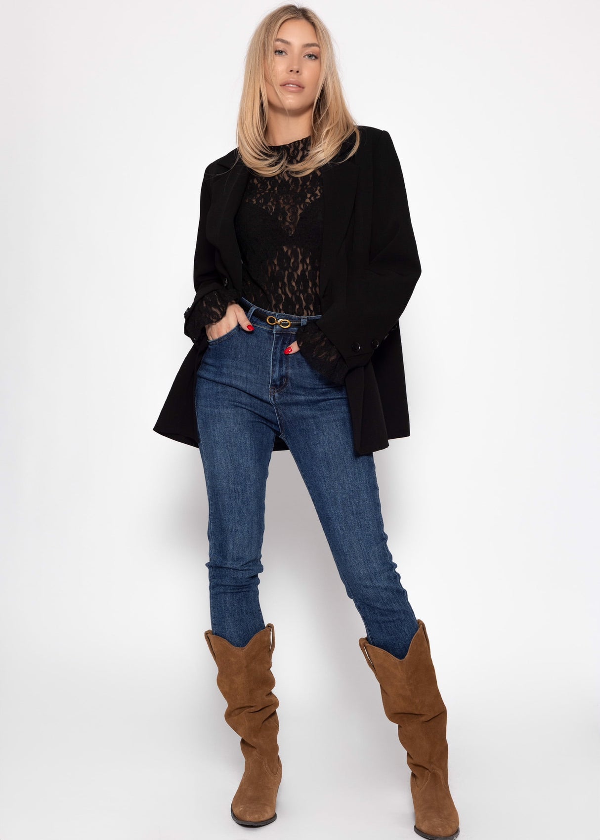 Transparent lace long-sleeve shirt with flounce sleeves - black