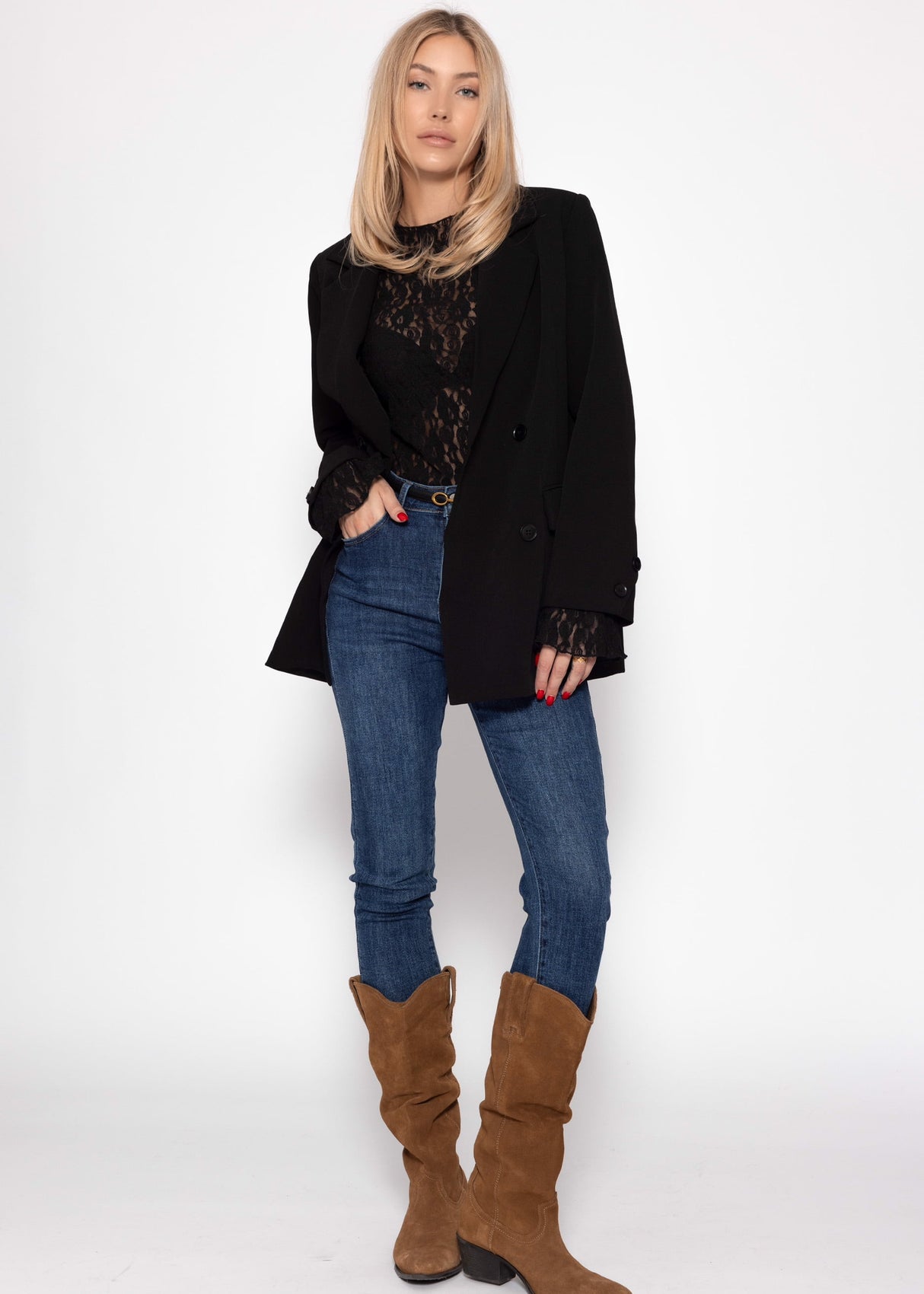 Transparent lace long-sleeve shirt with flounce sleeves - black