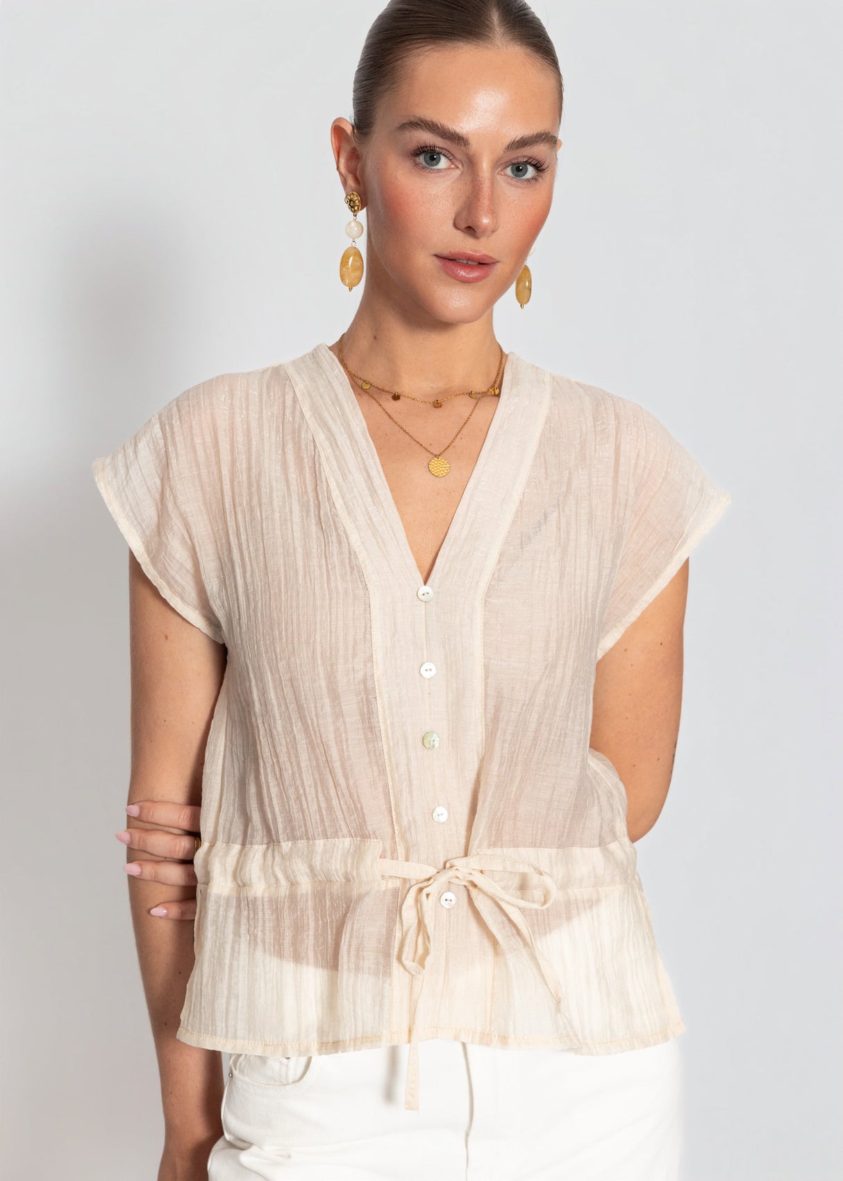 Transparentes Blusentop mit Zugband - beige