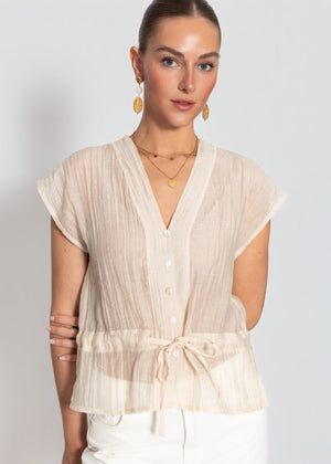 Transparentes Blusentop mit Zugband - beige