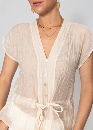 Transparentes Blusentop mit Zugband - beige