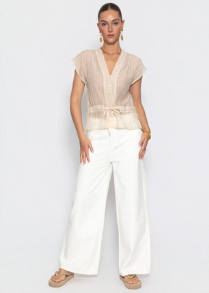 Transparentes Blusentop mit Zugband - beige