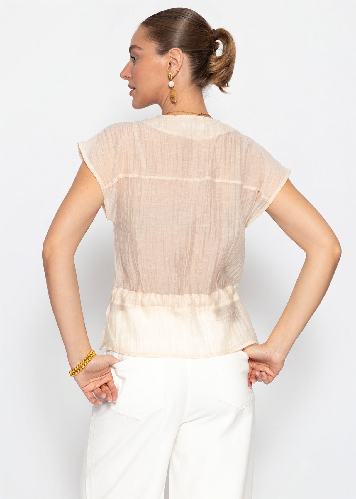 Transparentes Blusentop mit Zugband - beige