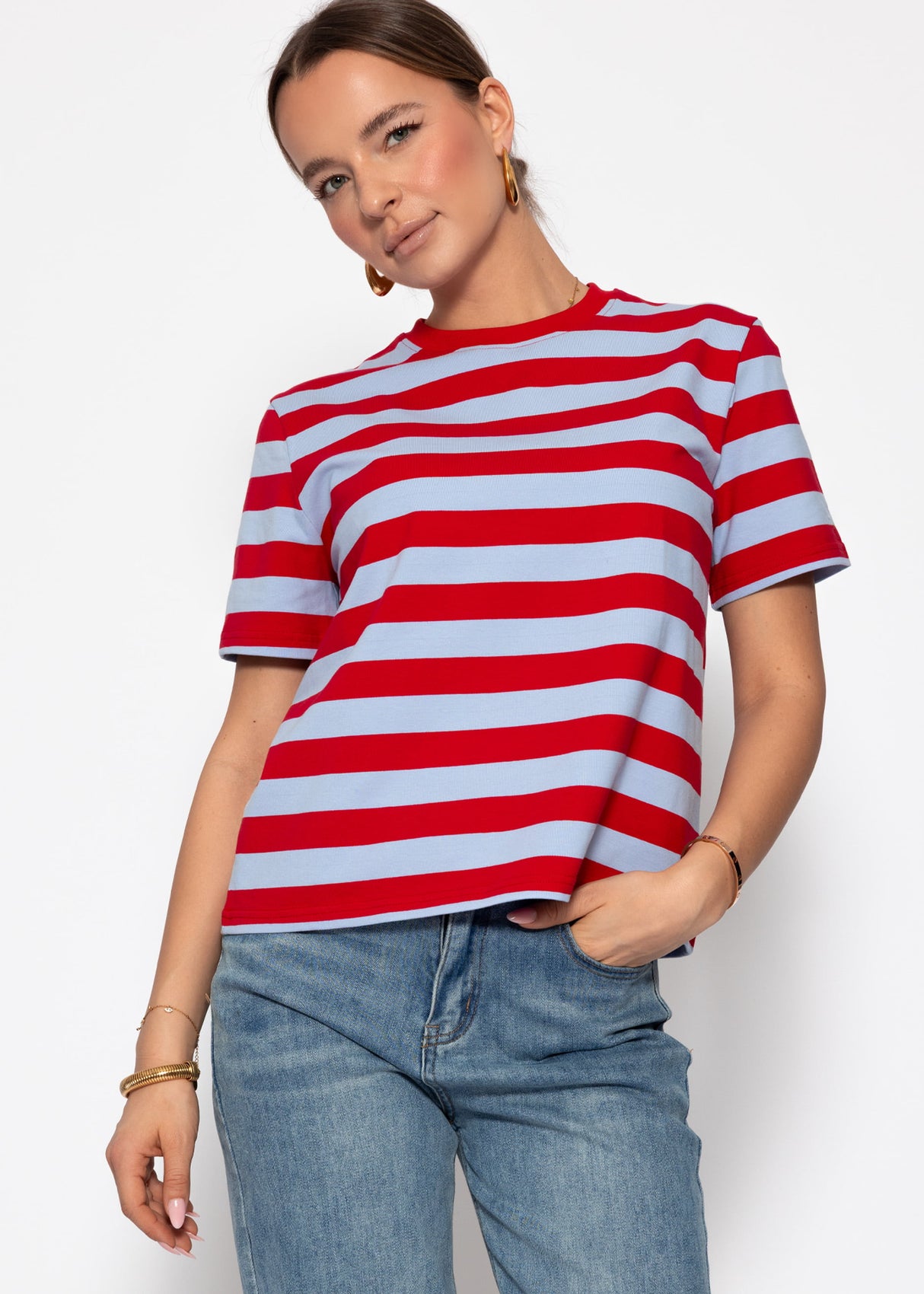 T-shirt with block stripes - lilac-red