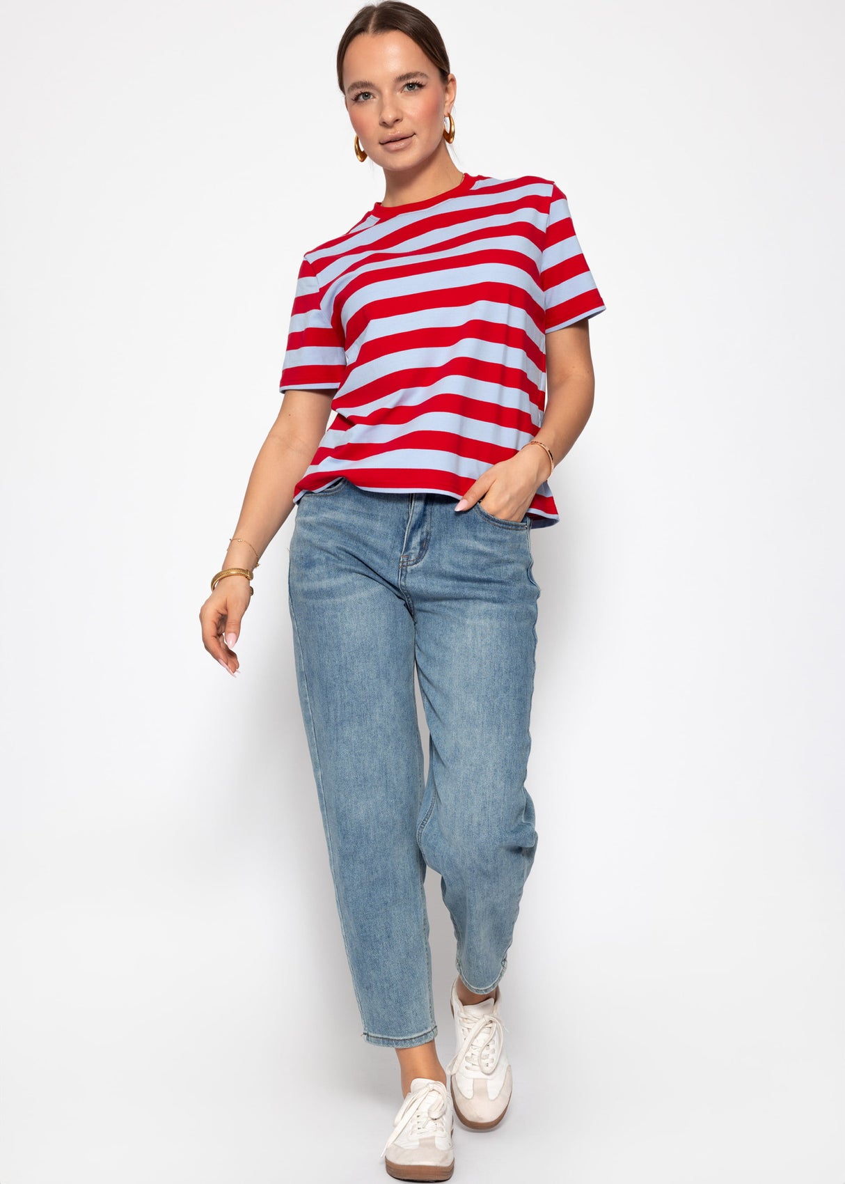 T-shirt with block stripes - lilac-red