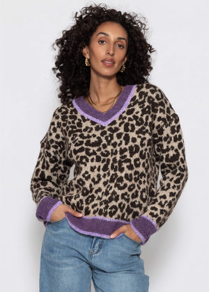 V-Ausschnitt Strickpullover mit Leopardenmuster - lila-flieder