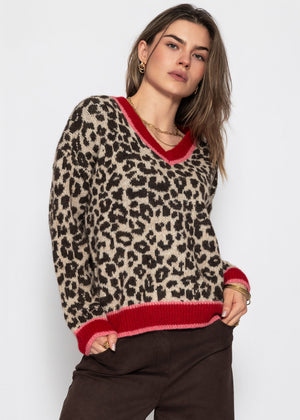 V-Ausschnitt Strickpullover mit Leopardenmuster - rot-pink