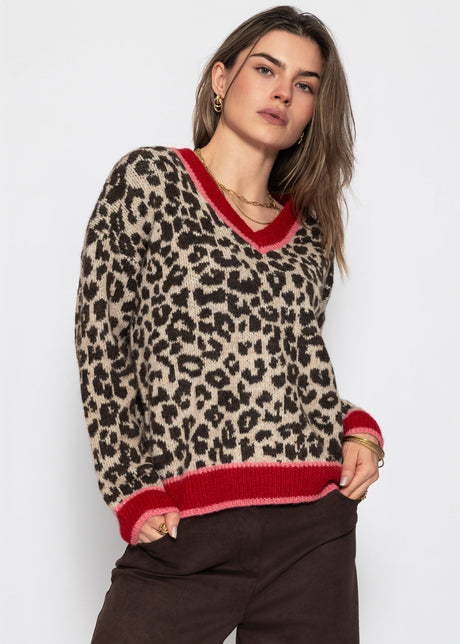 V-Ausschnitt Strickpullover mit Leopardenmuster - rot-pink