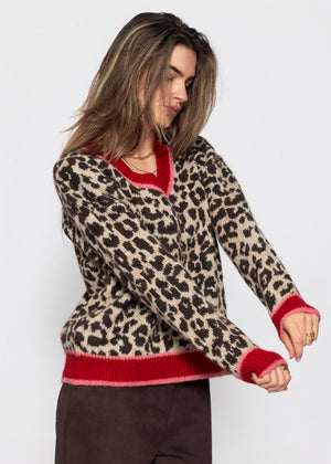 V-Ausschnitt Strickpullover mit Leopardenmuster - rot-pink