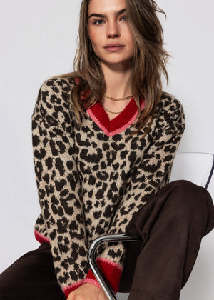 V-Ausschnitt Strickpullover mit Leopardenmuster - rot-pink