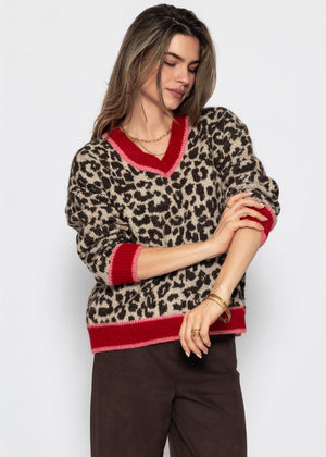 V-Ausschnitt Strickpullover mit Leopardenmuster - rot-pink