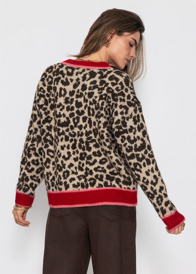 V-Ausschnitt Strickpullover mit Leopardenmuster - rot-pink