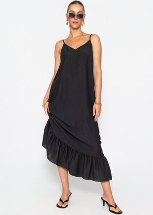 Viskose Maxikleid mit Volant - schwarz