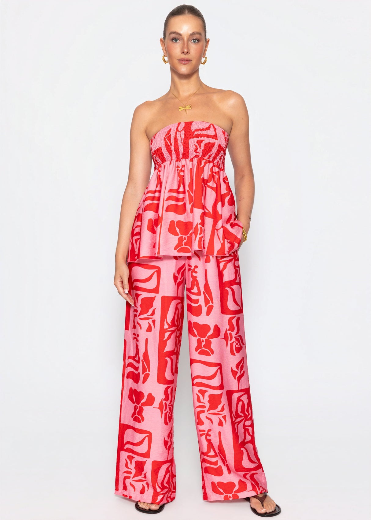 Viskose Schlupfhose mit Kunstprint - pink-rot