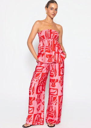 Viskose Schlupfhose mit Kunstprint - pink-rot