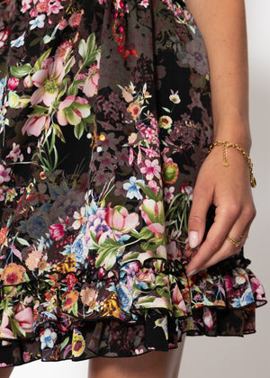 Flouncy skirt with ruffles and floral print - black