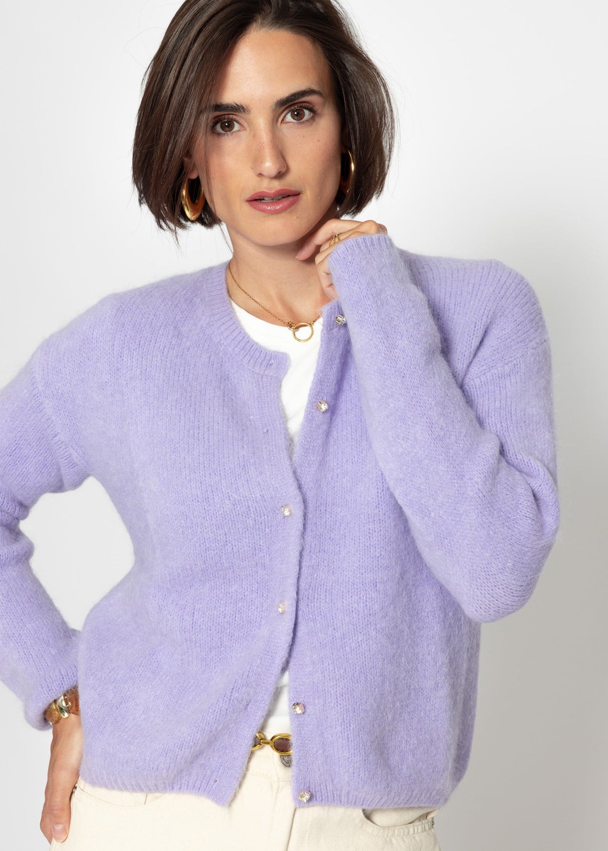 Soft knitted cardigan with decorative buttons - lilac