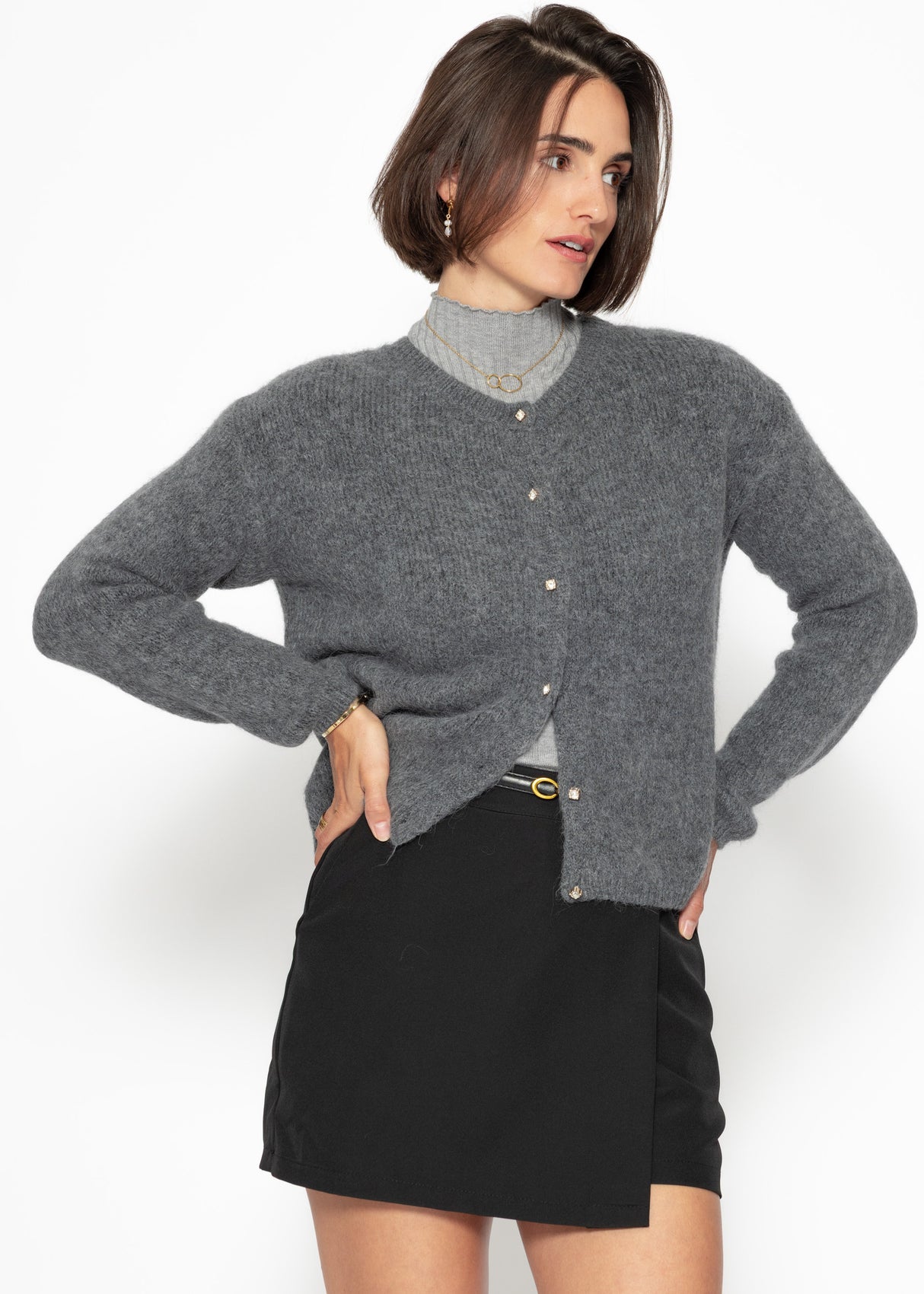 Soft knitted cardigan with decorative buttons - grey