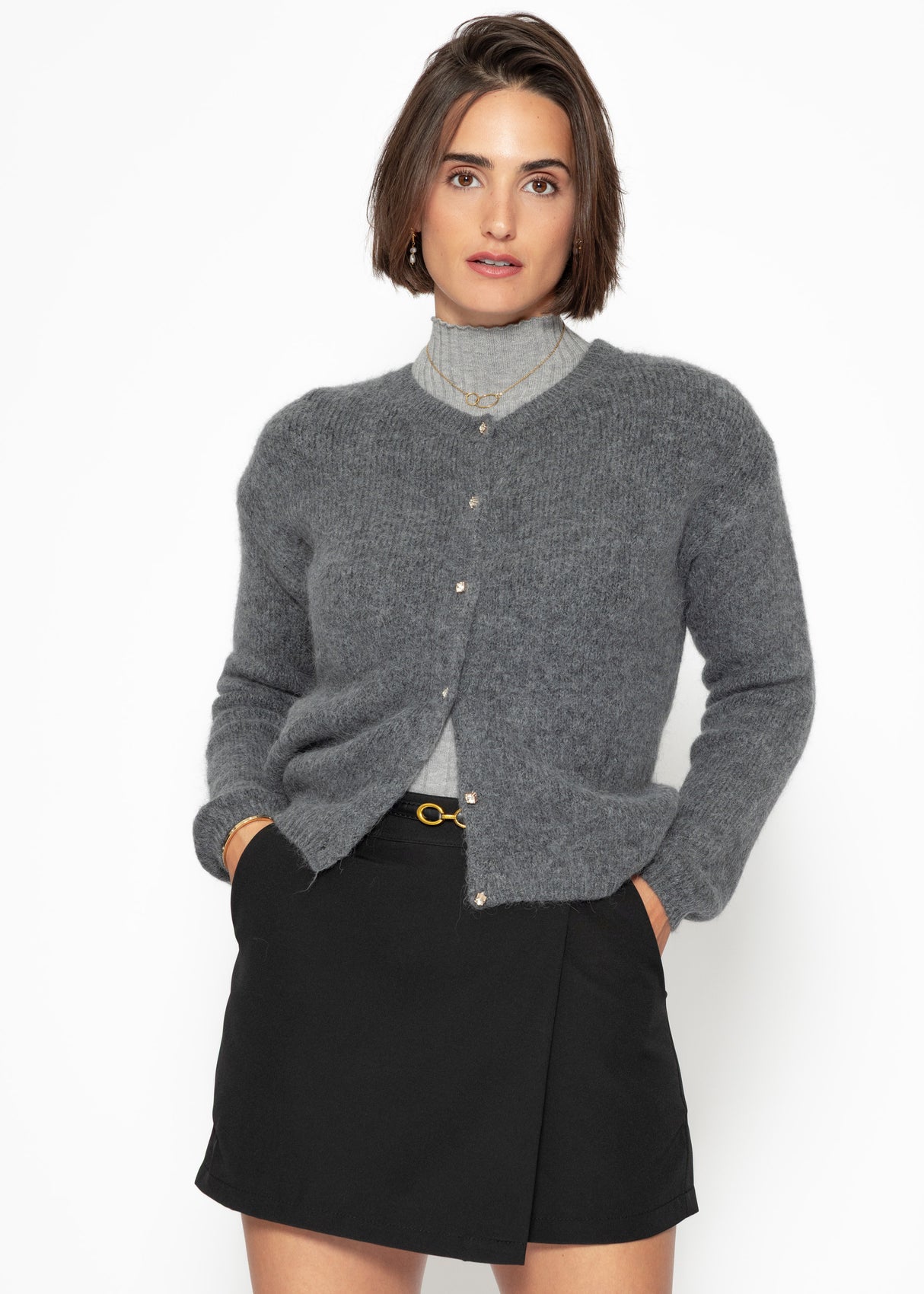Soft knitted cardigan with decorative buttons - grey