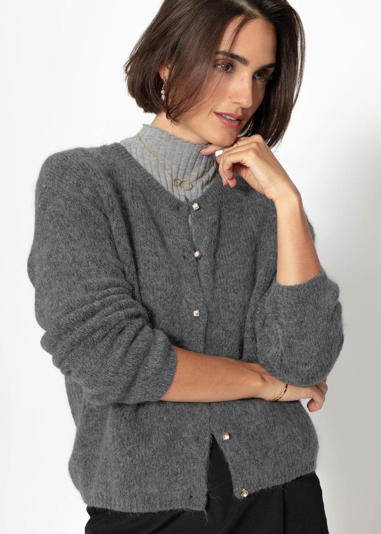 Soft knitted cardigan with decorative buttons - grey
