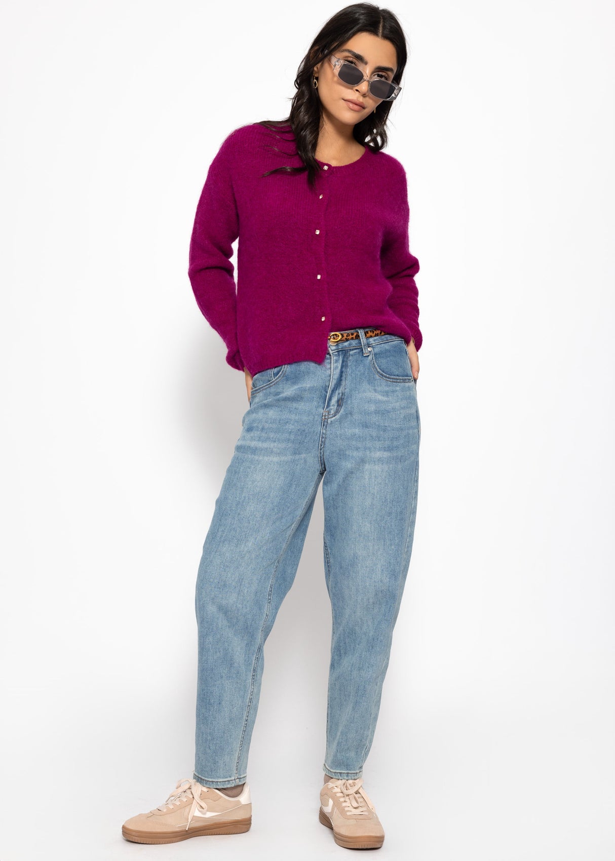 Weicher Strickcardigan mit Zierknöpfen - plum